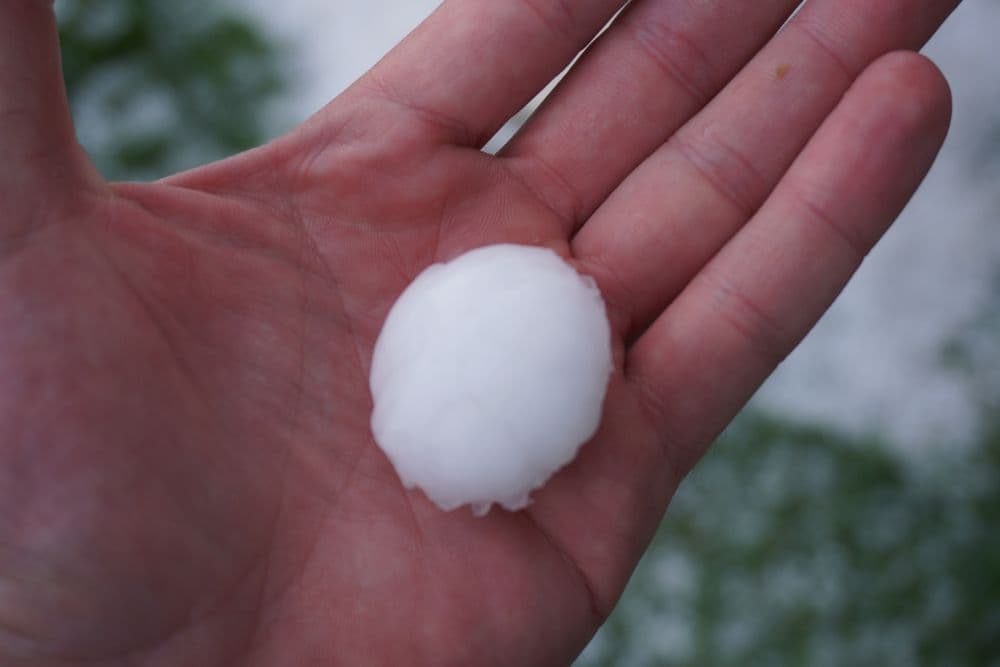 Hand holding large hailstone against a blurred green background.